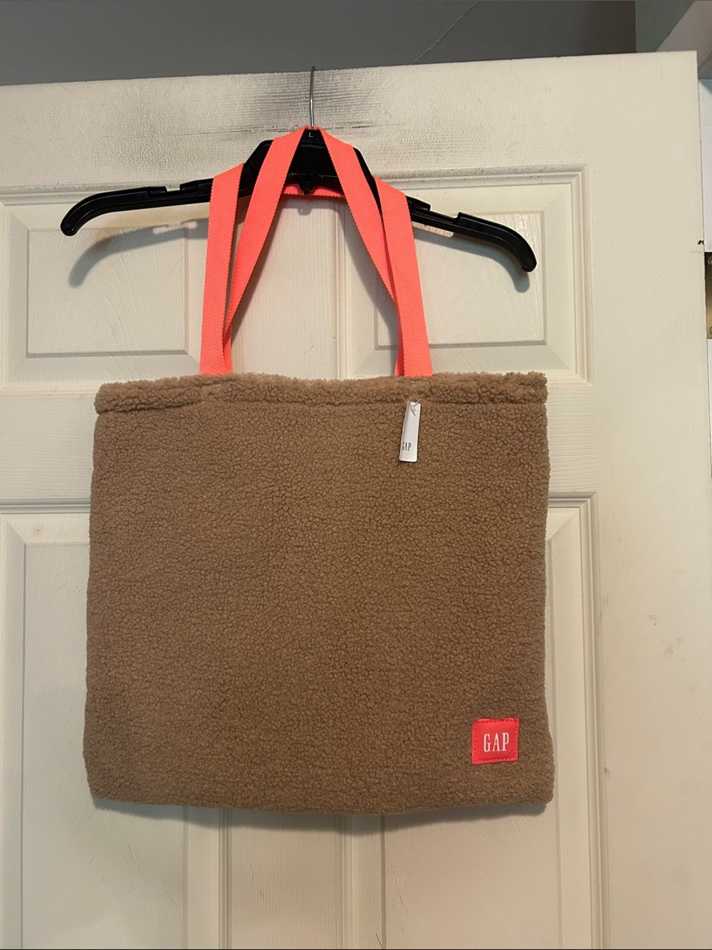 GAP Brown Faux Fur Tote with Neon Orange Straps and Matching Cosmetic Bag